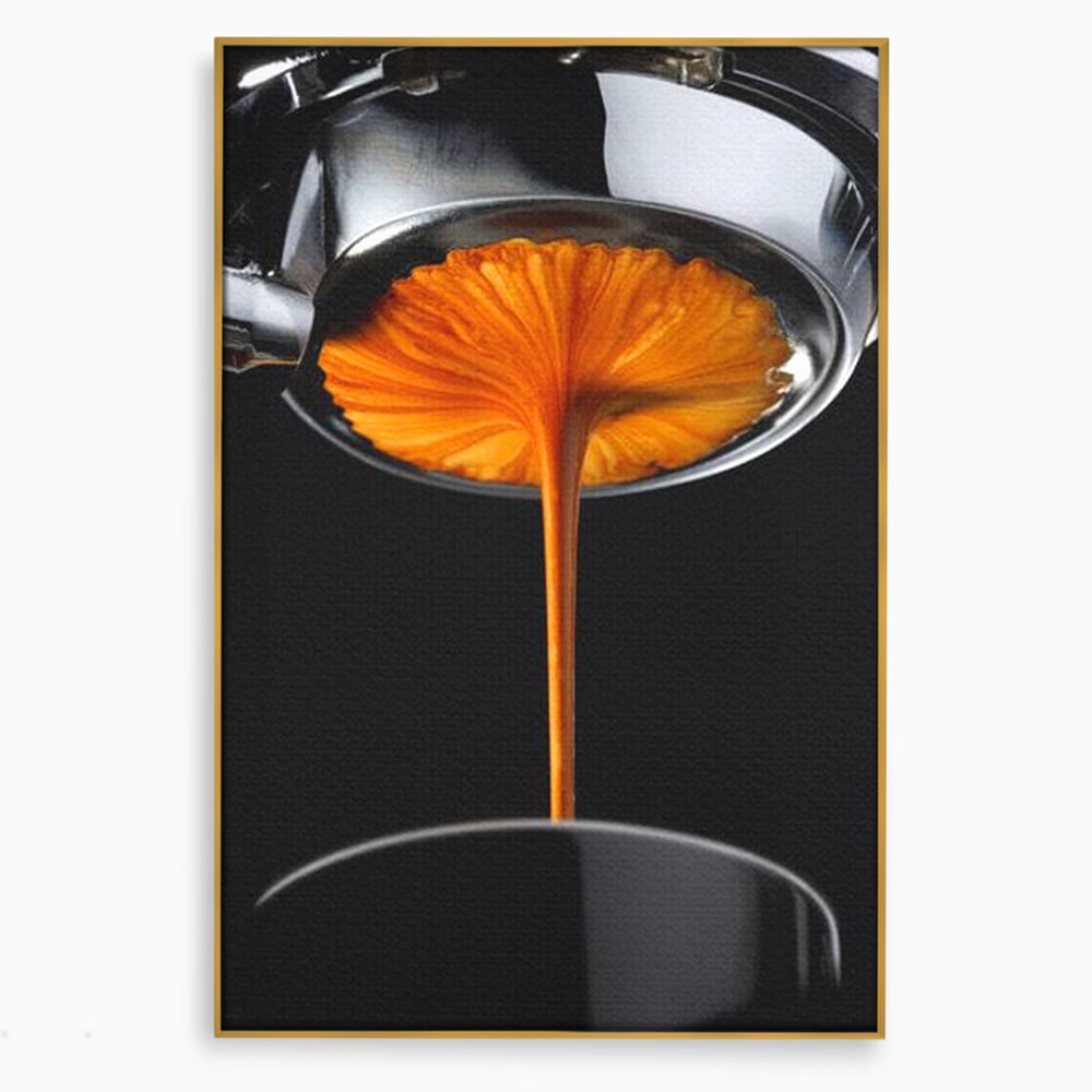 Tablou canvas cu tablou canvas cu jet de espresso, in rama de aluminiu auriu
